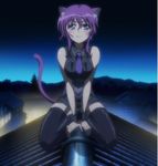  animal_ears black_legwear blue_eyes blush cat_ears cat_tail dog_days highres necktie purple_hair rooftop screencap sleeveless solo stitched tail thighhighs third-party_edit v_arms violle_amaret 