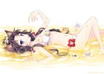  animal_ears barefoot bikini blue_eyes breasts brown_hair cat_ears collarbone flower hair_bobbles hair_ornament long_hair looking_at_viewer lying medium_breasts navel nyanya on_back original slime solo swimsuit tongue white_bikini 