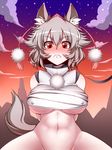  animal_ears blush bottomless breasts brown_hair fang hat huge_breasts inubashiri_momiji navel out-of-frame_censoring red_eyes rinmei short_hair solo symbol-shaped_pupils tail tokin_hat touhou underboob wolf_ears 