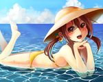  arm_support bikini blush brown_eyes brown_hair cloud day error hair_bobbles hair_ornament hat konya_(chocolate_palette) light_rays long_hair lying on_stomach open_mouth original partially_submerged side-tie_bikini sky solo sun_hat sunbeam sunlight swimsuit twintails water wet 