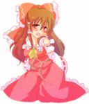  bdsm blush bondage bound brown_eyes brown_hair chain hair_ribbon hakurei_reimu ribbon sen1986 sexually_suggestive solo touhou 