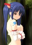  back blue_hair blush brown_eyes covering covering_breasts detached_sleeves fairy_tail kinohara_hikaru long_hair looking_back nude open_mouth out-of-frame_censoring solo tattoo twintails wendy_marvell 