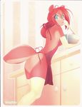  blue_eyes butt clothed clothing female jam_(miu) kitchen legwear looking_at_viewer looking_back mammal rodent skimpy solo standing stockings tsampikos 
