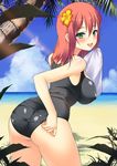  :d adjusting_clothes adjusting_swimsuit ahoge alice_wishheart ass beach black_swimsuit breasts day earrings flower green_eyes hair_flower hair_ornament hibiscus iroha_(unyun) jewelry large_breasts looking_at_viewer looking_back magical_halloween one-piece_swimsuit open_mouth outdoors palm_tree red_hair short_hair smile solo swimsuit towel tree 