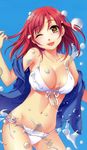  :d bikini breasts cleavage copyright_request front-tie_top ginta large_breasts open_mouth red_hair short_hair side-tie_bikini smile solo source_request swimsuit water_drop yellow_eyes 