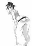  artist_request ass bent_over blush breasts choker dougi from_behind greyscale highres juice_box large_breasts makoto_(street_fighter) monochrome pants pantylines ribbon_choker short_hair solo sports_bra street_fighter street_fighter_iii_(series) sweat tomboy 