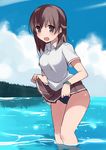  :d bad_id bad_pixiv_id bracelet brown_eyes brown_hair cloud day hair_ornament hairclip jewelry kyouno_madoka long_hair mizuki_(koko_lost) open_mouth pleated_skirt rinne_no_lagrange school_uniform skirt skirt_lift sky smile solo swimsuit swimsuit_under_clothes wading water 