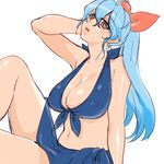  alternate_hairstyle bikini blue_hair bow breasts cleavage front-tie_top hair_bow halter_top halterneck kamishirasawa_keine large_breasts long_hair navel parted_lips ponytail sitting sketch solo swimsuit touhou white_background yumiya 
