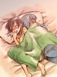  back-to-back bad_id bad_pixiv_id bed blanket blue_hair blush breath brown_eyes brown_hair closed_eyes fin_e_ld_si_laffinty finger_to_mouth hair_down implied_masturbation kyouno_madoka long_hair multiple_girls niina_ryou open_mouth pillow purple_eyes rinne_no_lagrange sketch 