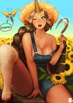  bare_shoulders braid breasts brown_hair cleavage farmer flower hat highres hooves horn instant_ip kog'maw large_breasts league_of_legends long_hair md5_mismatch monster_girl naked_overalls one_eye_closed open_mouth overalls pointy_ears sickle smile soraka strap_slip straw_hat sunflower thighs very_long_hair 