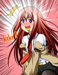  1girl :d belt blue_eyes blush emphasis_lines excited heart heart-shaped_pupils long_hair long_sleeves makise_kurisu necktie open_mouth pantyhose pink_background red_hair red_neckwear shorts smile solo steins;gate symbol-shaped_pupils tongue yua_(checkmate) 