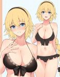  1girl anza_tomo bikini blonde_hair blue_eyes blush bow braid breasts cleavage collarbone commentary cowboy_shot diagonal-striped_background diagonal_stripes eyebrows_visible_through_hair eyes_visible_through_hair fate/grand_order fate_(series) frilled_bikini frills front-tie_top hair_bow hairband jeanne_d&#039;arc_(fate) jeanne_d&#039;arc_(fate)_(all) large_breasts long_braid long_hair multiple_views navel open_mouth single_braid solo striped striped_background swimsuit 