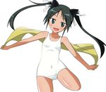  :d animal_ears aqua_eyes black_hair cat_ears cropped_legs fangs francesca_lucchini hair_ribbon one-piece_swimsuit open_mouth ribbon smile solo strike_witches swimsuit tokiani towel twintails white_swimsuit world_witches_series 