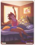  bedroom big_breasts blonde_hair breasts brown_hair callanish clothed clothing cream_(miu) female hair hindpaw lesbian lying mammal one_eye_closed open_mouth paws peaches_(miu) pillow rodent shirt sitting slippers squirrel stretching underwear 