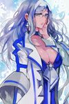  artist_request bow breasts cleavage collar earrings glasses grey_eyes grey_hair jewelry large_breasts long_hair lowres simple_background solo sword_girls 