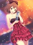  andou_hitomi banned_artist bare_shoulders bow breasts brown_eyes brown_hair cleavage confetti dress frilled_dress frills hair_bow ilog jewelry mana_kakkowarai medium_breasts necklace short_hair smile solo strapless strapless_dress 