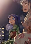  bad_id bad_pixiv_id blue_eyes blue_hair blush brown_eyes brown_hair domo1220 fan flower glowing hair_bobbles hair_flower hair_ornament hair_up japanese_clothes kimono multiple_girls night open_mouth original paper_fan short_hair smile uchiwa 