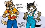  canine clothed clothing coyote drum drumbeat duo eyewear female humor invalid_tag male mammal overalls pregnant sunglasses suspenders unknown_artist 