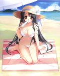  1girl :p arm_support barefoot beach bikini black_hair blush breasts brown_eyes cleavage day food food_on_body hat highres kneeling large_breasts long_hair navel notepad off_shoulder ozawa_yuu parasol popsicle sitting solo strap_slip sun_hat swimsuit tachibana_kukuri thigh_gap tongue tongue_out umbrella very_long_hair wariza 