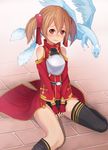  3: black_legwear blush breastplate brown_hair fingerless_gloves gloves looking_at_viewer pina_(sao) red_eyes short_twintails silica sitting sword_art_online thighhighs twintails willgoon 