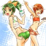  adjusting_clothes adjusting_swimsuit ass bikini blush food green_eyes green_hair hino_akane_(smile_precure!) midorikawa_nao multiple_girls okonomiyaki ponytail precure red_eyes red_hair shaved_ice shirt short_hair smile smile_precure! sweat swimsuit t-shirt urutsu_sahari 