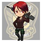  boots chibi choutako gun jacket red_eyes red_hair short_hair weapon 