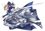  ahoge artoria_pendragon_(all) bad_id bad_pixiv_id blonde_hair breasts doa_(wabisabi) dress excalibur fate/zero fate_(series) greaves green_eyes hair_ribbon highres long_hair medium_breasts ponytail reverse_grip ribbon saber simple_background solo sword weapon white_background 