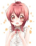  bad_id bad_pixiv_id bare_arms bare_shoulders blush bow brown_eyes center_frills eyebrows_visible_through_hair fingers_together hair_between_eyes hands_up kuma_(happylocation) looking_at_viewer ponytail red_bow red_hair red_neckwear sleeveless solo sugiura_ayano upper_body yuru_yuri 