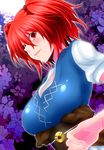  blush breasts coin hair_bobbles hair_ornament highres large_breasts md5_mismatch obi onozuka_komachi red_eyes red_hair sash short_hair smile solo touhou two_side_up watarui 