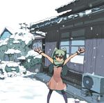  architecture bad_id bad_pixiv_id dress east_asian_architecture green_hair hair_scarf hatsune_miku long_hair mittens outstretched_arms pantyhose rias-coast scarf smile snow snowing solo spread_arms vocaloid yuki_miku 