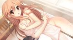  blush brown_eyes brown_hair covering game_cg hatsukoi_1/1 koizumi_amane looking_at_viewer morino_yukino nude nude_cover solo surprised towel wet 