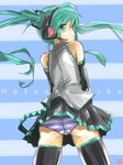  character_name detached_sleeves from_behind green_eyes green_hair hatsune_miku headset highres kowiru long_hair looking_back necktie panties skirt solo striped striped_background striped_panties thighhighs twintails underwear vocaloid 