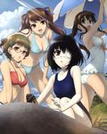 absurdres akazawa_izumi another artist_request ass beach_umbrella black_hair breasts brown_eyes brown_hair cleavage eyepatch front-tie_top glasses hair_ribbon hermit_crab highres light_rays medium_breasts misaki_mei multiple_girls official_art one-piece_swimsuit open_mouth red_eyes reiko_(another) ribbon scan short_hair sideboob sugiura_takako sunbeam sunlight swimsuit twintails umbrella 
