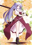  belt bow bracelet commentary_request hair_bow jewelry long_hair ponytail puffy_sleeves purple_hair red_eyes short_sleeves side_b solo sword touhou very_long_hair watatsuki_no_yorihime weapon 