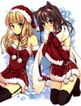  animal_ears black_legwear blush breath brown_hair cat_ears drill_hair elbow_gloves fur_trim garter_straps gloves hat long_hair multiple_girls original pink_eyes santa_costume santa_hat scarf sechichi_xd thighhighs 