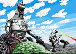  baragon blood cloud clouds dead death destruction dinosaur godzilla godzilla_(series) gorosaurus horn kaiju machine meanwhile_in_japan mechagodzilla mechanical mountain open_mouth robot scalie sky smoke spikes spines teeth tongue tree unknown_artist wood yellow_eyes 