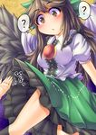  ? black_hair black_legwear blush bow breasts confused fun_bo hair_bow kneehighs long_hair medium_breasts no_nose radiation_symbol reiuji_utsuho short_sleeves skirt skirt_flip solo symbol-shaped_pupils touhou wings 