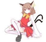  animal_ears bow brown_hair cat_ears chen ear_piercing earrings frown jewelry multiple_tails no_hat no_headwear piercing red_eyes solo tail thighhighs touhou vils white_background white_legwear 