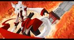  animal_ears arceonn blue_eyes fire gloves hat inubashiri_momiji letterboxed pantyhose solo sword tail tokin_hat touhou weapon white_hair wolf_ears wolf_tail 