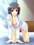  all_fours bare_legs barefoot black_hair bra breasts brown_eyes dress_shirt highres large_breasts long_hair looking_at_viewer open_clothes open_shirt original panties pink_bra pink_panties shirt smile solo takepon underwear 