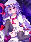  black_legwear blue_hair blush collarbone demon_wings fang hat hat_ribbon nagii_yuki red_eyes remilia_scarlet ribbon short_hair solo tears thighhighs touhou wings 