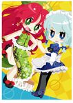  :d apron bad_id bad_pixiv_id blush_stickers broom chibi china_dress chinese_clothes dress dutch_angle earrings floral_print hong_meiling izayoi_sakuya jewelry maid multiple_girls natsuno_riku no_nose open_mouth pantyhose side_slit smile standing standing_on_one_leg star touhou unmoving_pattern yellow_background 