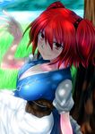  blush breasts cleavage dappled_sunlight dress hair_bobbles hair_ornament highres large_breasts onozuka_komachi red_eyes red_hair short_hair smile solo sunlight touhou two_side_up watarui 