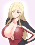  biker_clothes bikesuit blonde_hair blue_eyes breasts cleavage cynthia_b_rogers ginnyo highres huge_breasts long_hair one_off smile solo unzipped 