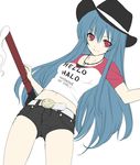  bad_id bad_pixiv_id belt blue_hair casual contemporary engrish hat hinanawi_tenshi long_hair looking_at_viewer navel necktie ranguage shorts simple_background sketch smile solo sword_of_hisou takemori_shintarou touhou white_background 