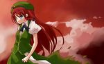  blue_eyes braid cloud hat hong_meiling kakizaki_(chou_neji) long_hair puffy_sleeves red_hair short_sleeves side_braid single_braid sky solo star touhou 