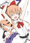  armpits arms_up bad_id bad_pixiv_id blush bow chain closed_eyes flat_chest hair_bow ibuki_suika long_hair open_mouth orange_hair solo takemori_shintarou touhou 