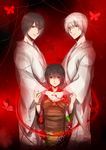  2boys black_hair brother_and_sister bug butterfly fatal_frame fatal_frame_2 highres insect japanese_clothes kimono kurozatou_owata multiple_boys rattle red_string short_hair siblings silver_eyes string tachibana_chitose tachibana_itsuki tachibana_mutsuki twins white_hair 