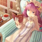  bad_id bad_pixiv_id blue_eyes book bookmark bookshelf bow breasts cleavage cleavage_cutout creamer_(vessel) crescent cup hair_bow hat indoors long_hair magic_circle medium_breasts nail_polish patchouli_knowledge purple_hair reading sitting solo spoon table taoru tea teacup touhou very_long_hair 