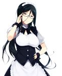  adjusting_eyewear alternate_costume apron bespectacled black_hair blue_eyes bow bowtie breasts buttons detached_collar enmaided glasses hair_between_eyes hand_on_hip hyouka irisu_fuyumi large_breasts long_hair maid maid_headdress sasamori_tomoe semi-rimless_eyewear simple_background solo sweatdrop waist_apron white_background wrist_cuffs 